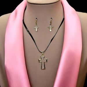 🌷Black Rope Cross Necklace with Cross Earrings